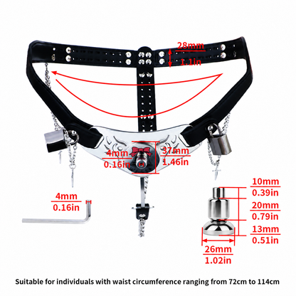 Qiling Metal Chastity Pants with Chains size chart with 72–114 cm waist range and component measurements