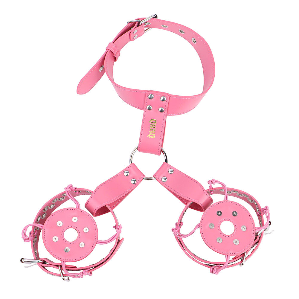 Pink harness collar with two circular riveted covers attached