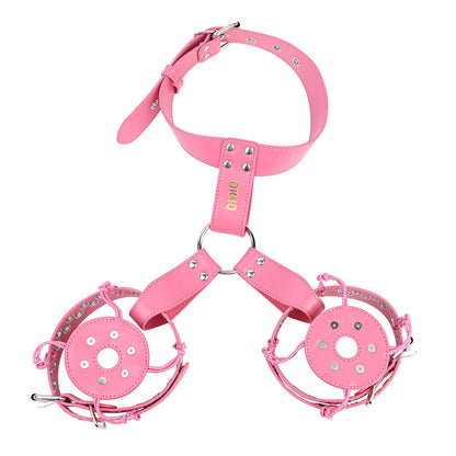 Pink harness collar with two circular riveted covers attached