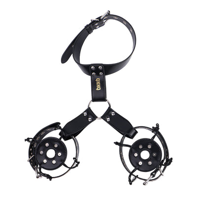 Black harness collar with two circular riveted covers attached