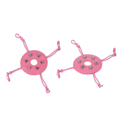 Pair of pink riveted covers with four elastic fastening cords