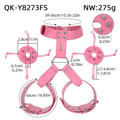 Pink harness size chart: collar 39 to 56 cm, breast band 43 cm and removable cover measurements