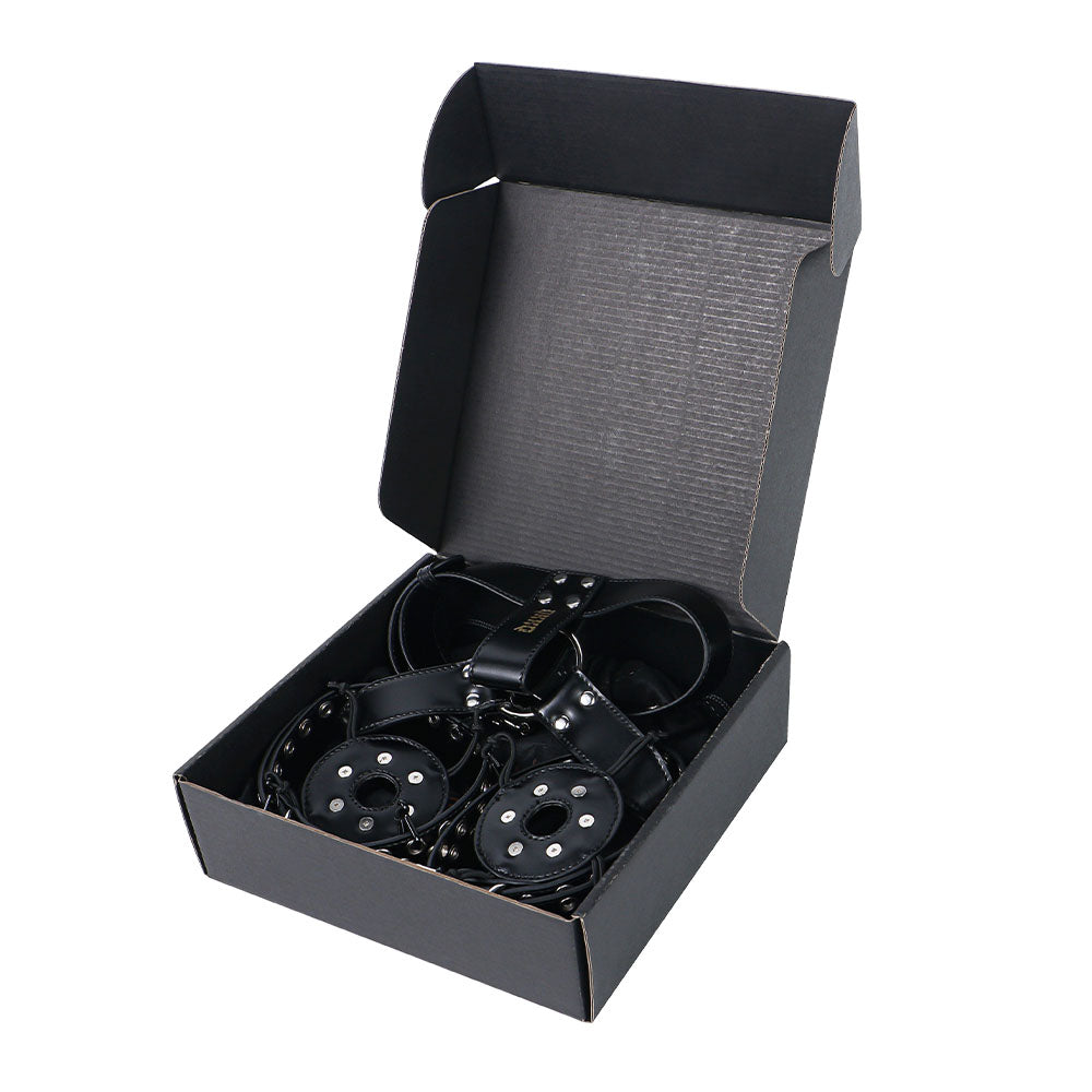 Black harness packed in its black storage box