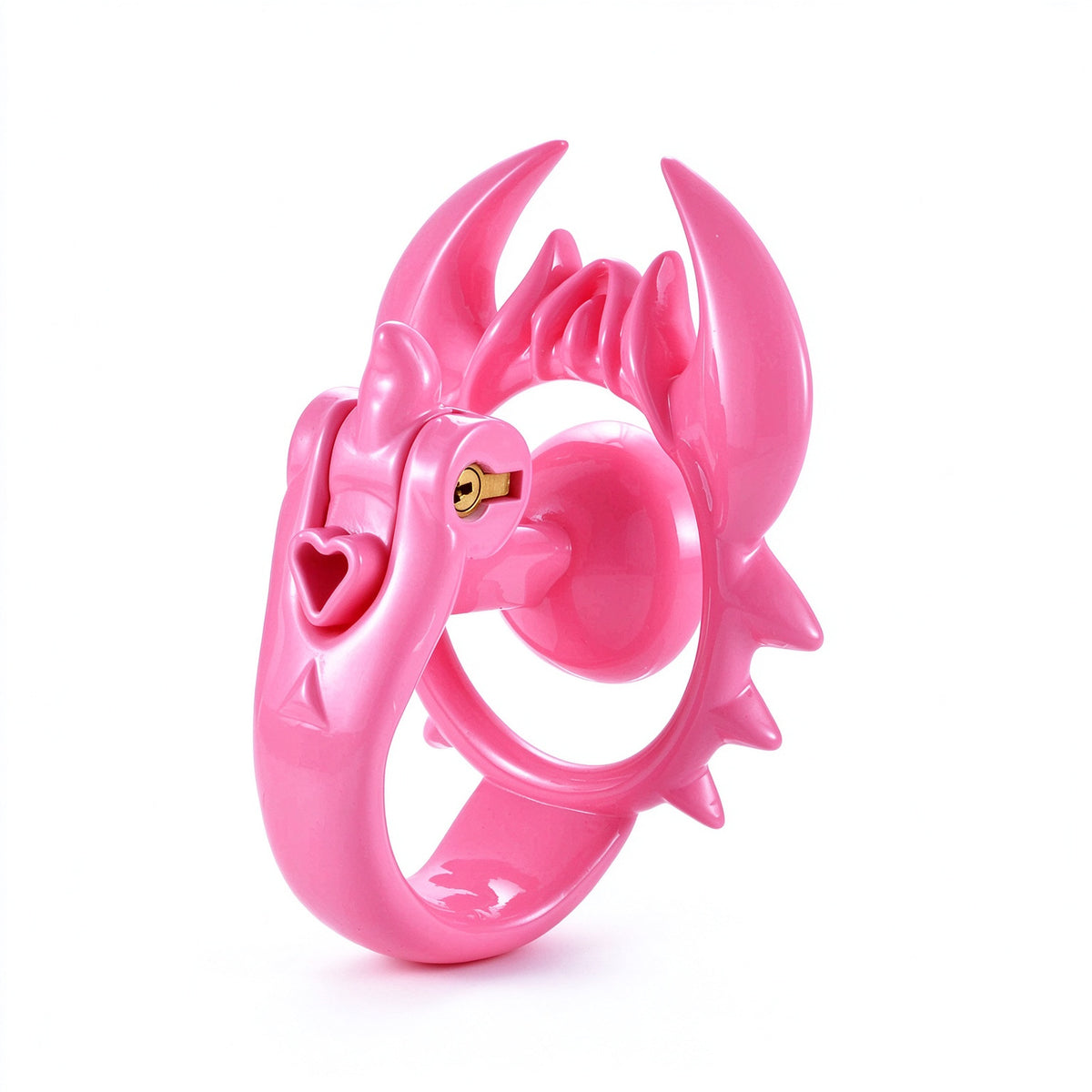 Pink scorpion chastity cage front and side view on white background