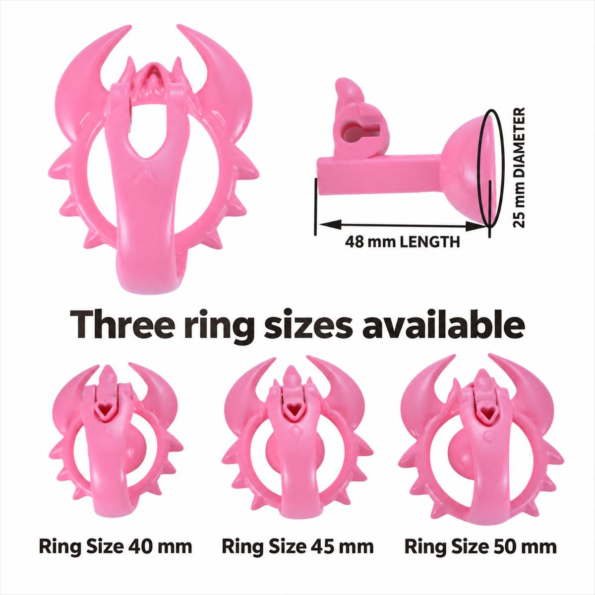 Scorpion chastity cage English size chart: 40, 45 and 50 mm rings; support piece 48 mm long and 25 mm diameter