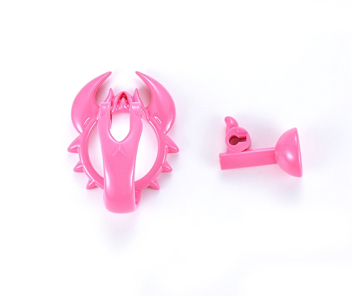Pink scorpion chastity cage front view with separate support piece