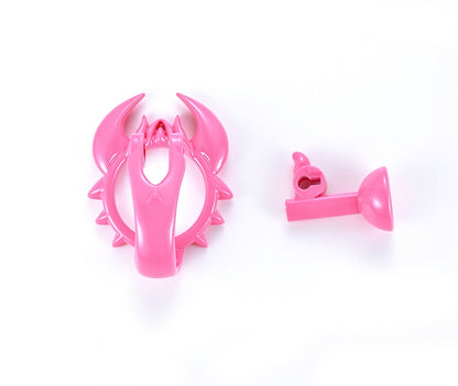 Pink scorpion chastity cage front view with separate support piece