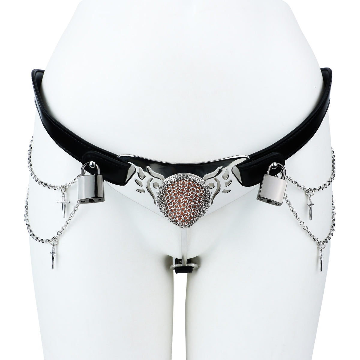 Silver Scale Armor Chain Chastity Pants front view on mannequin