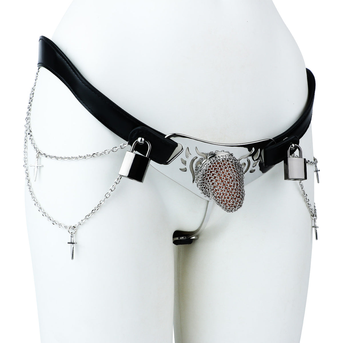 Silver Scale Armor Chain Chastity Pants angled view of the longer cage