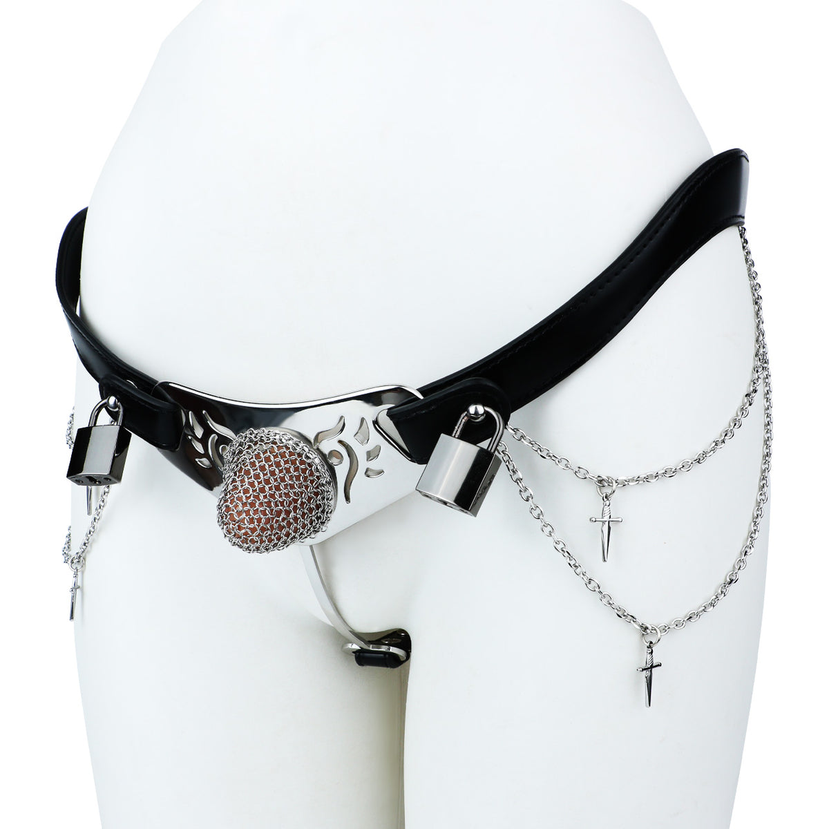 Silver Scale Armor Chain Chastity Pants angled view of the shorter cage