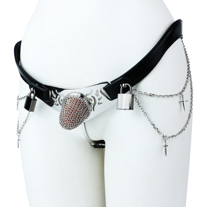 Silver Scale Armor Chain Chastity Pants side angle of the longer cage