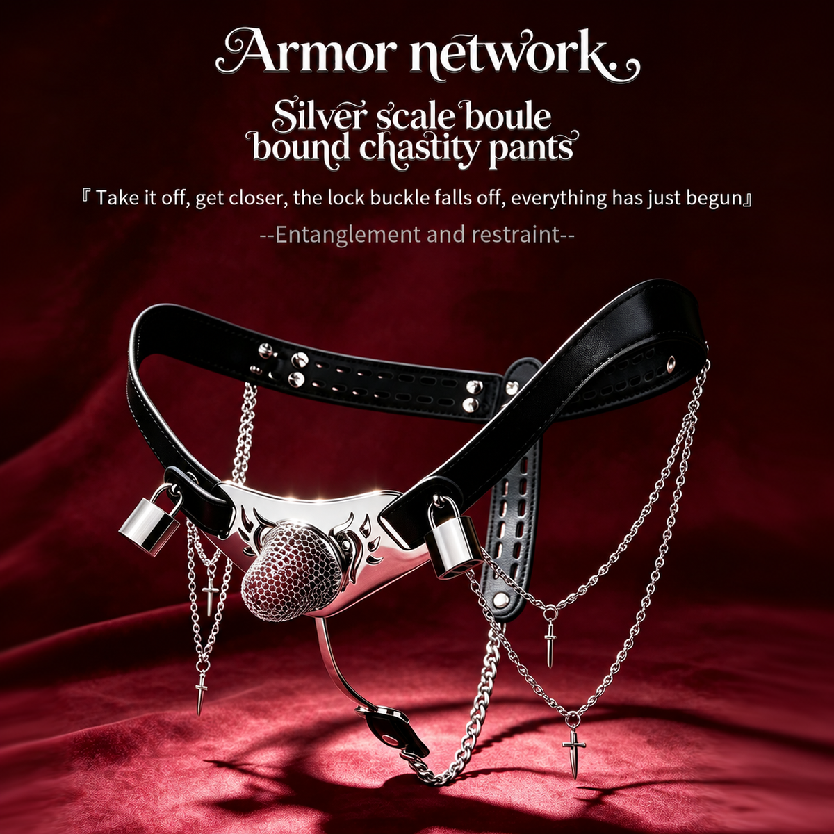 Silver Scale Armor Chain Chastity Pants armor-inspired design on a red background