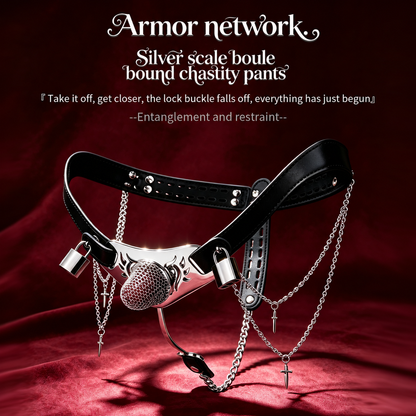 Silver Scale Armor Chain Chastity Pants armor-inspired design on a red background