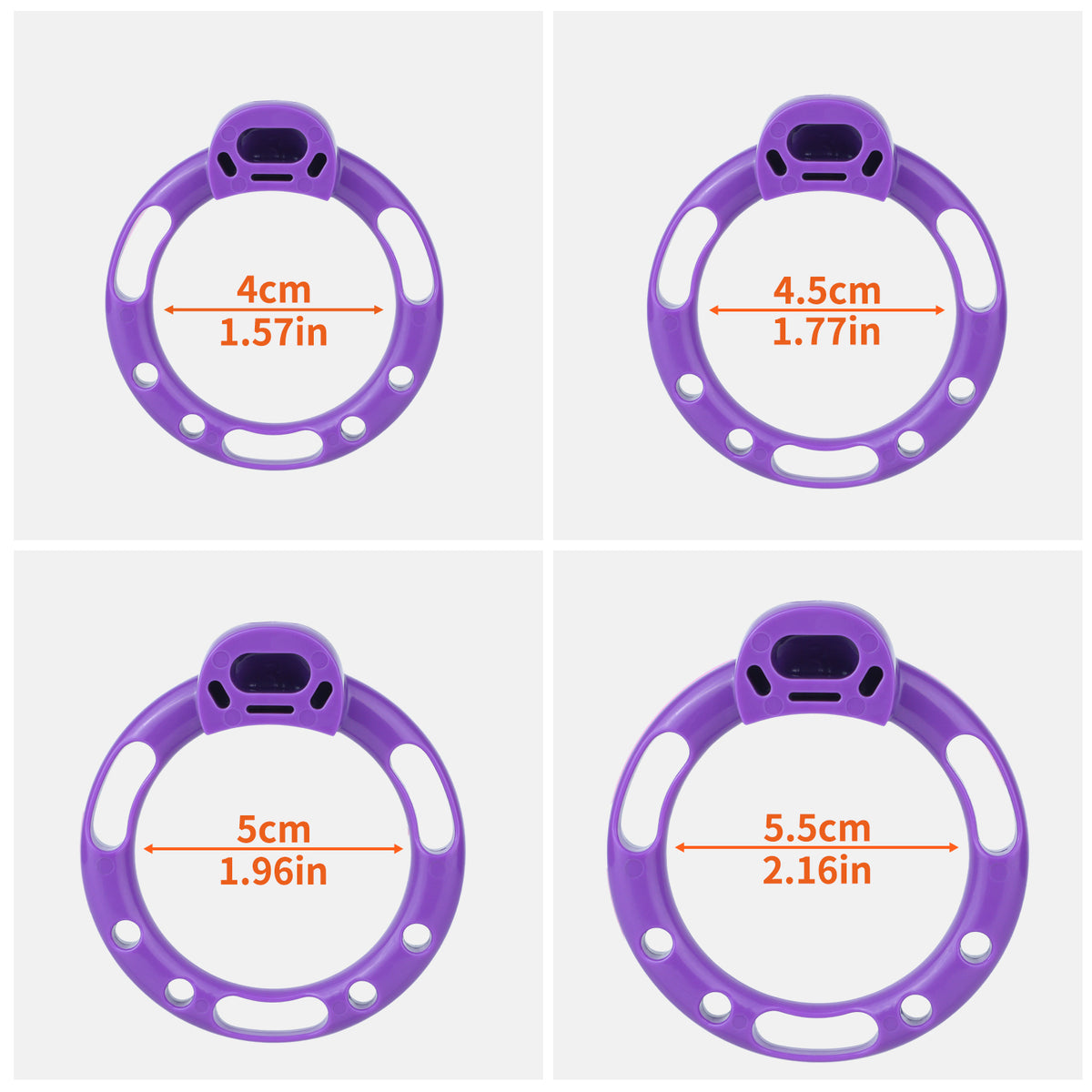 Purple base rings with 4, 4.5, 5 and 5.5 cm internal diameters