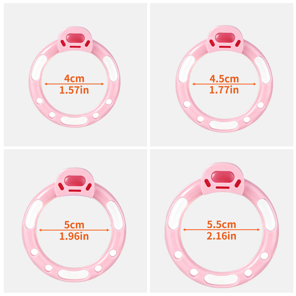 Pink base rings with 4, 4.5, 5 and 5.5 cm internal diameters