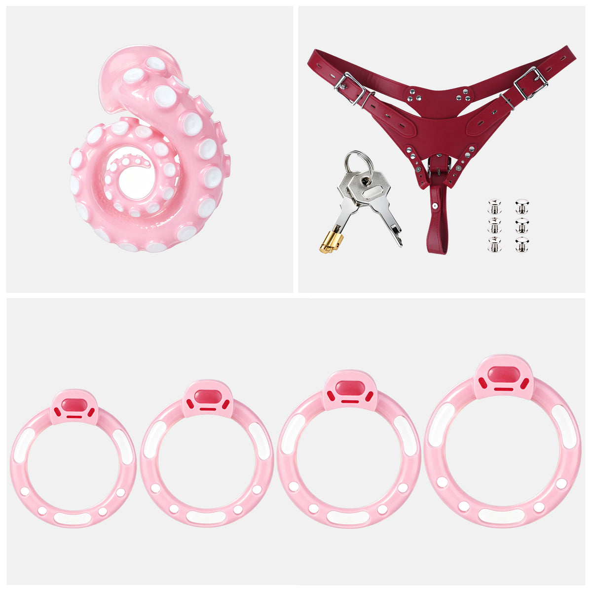 Pink belt set with four rings, red belt, lock, keys and six fasteners