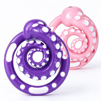 Purple and pink tentacle chastity cages shown together