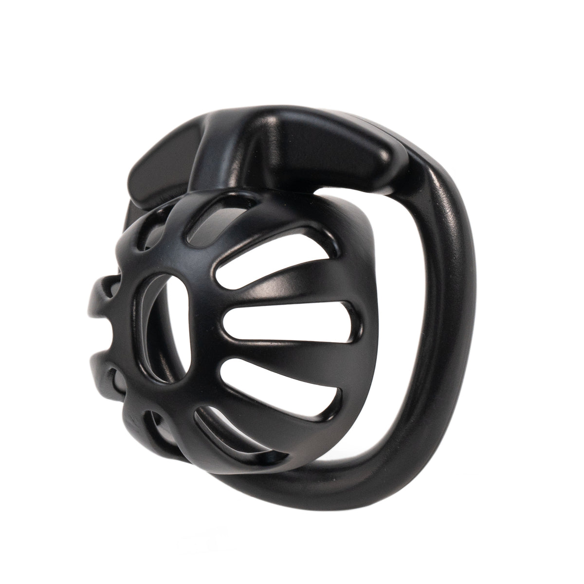 Black ventilated chastity cage angled side view