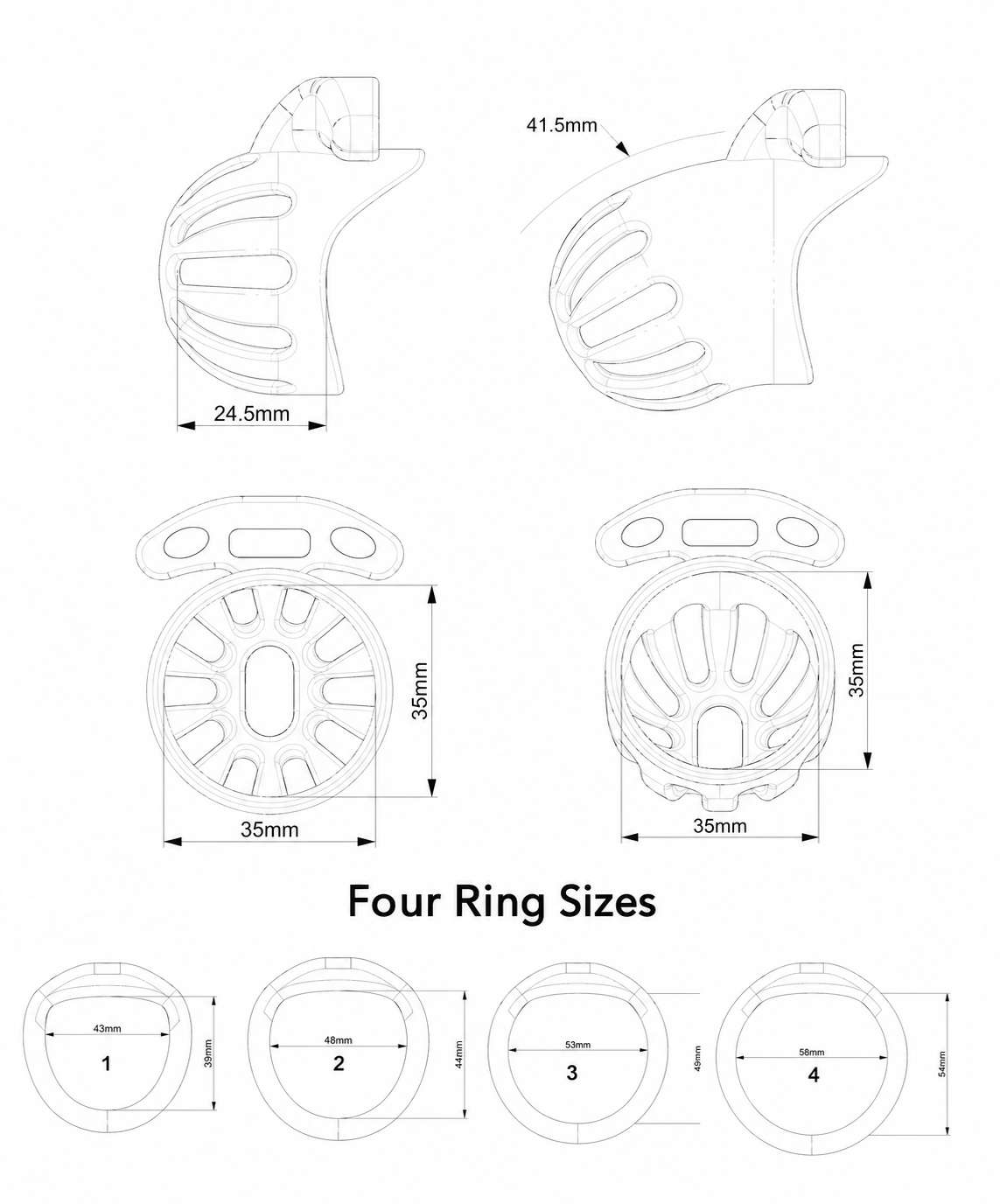 Ventilated cage and four base ring size chart in millimeters