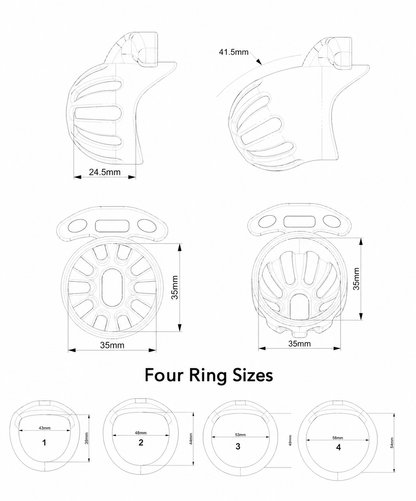 Ventilated cage and four base ring size chart in millimeters