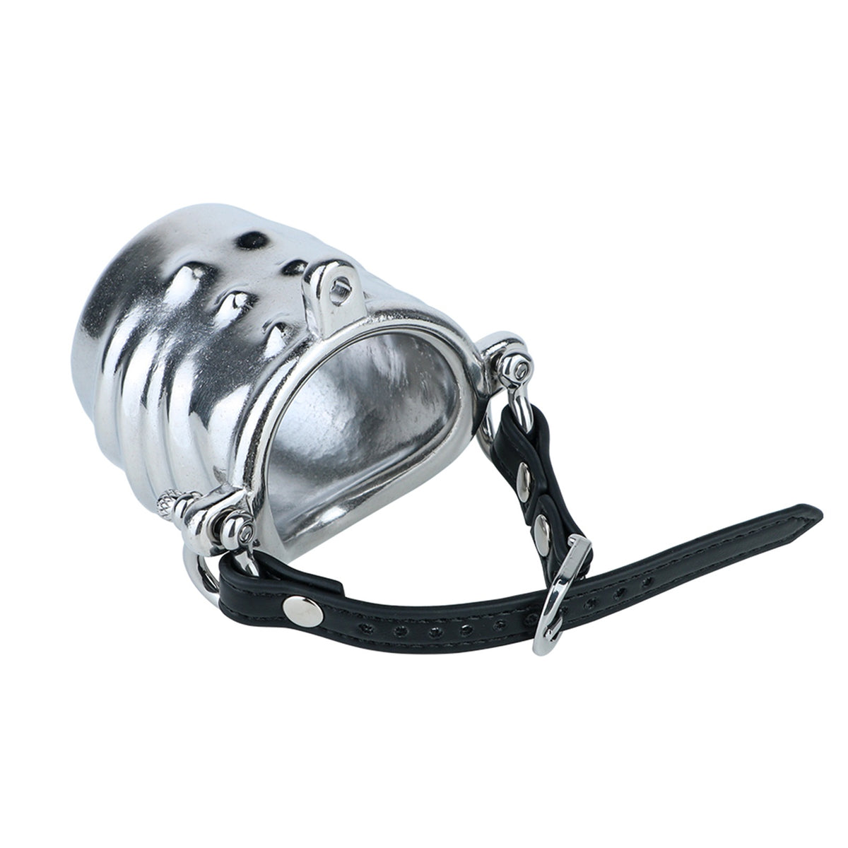 Ventilated Weighted Stainless Steel Chastity Cage with Chain – leather strap cage front angled view