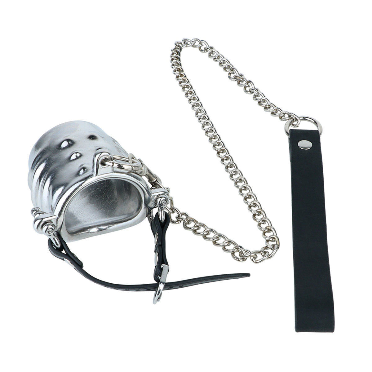 Ventilated Weighted Stainless Steel Chastity Cage with Chain – leather strap cage with chain