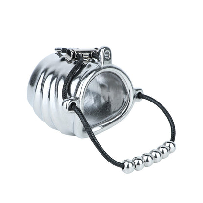 Ventilated Weighted Stainless Steel Chastity Cage with Chain – beaded rope cage front angled view