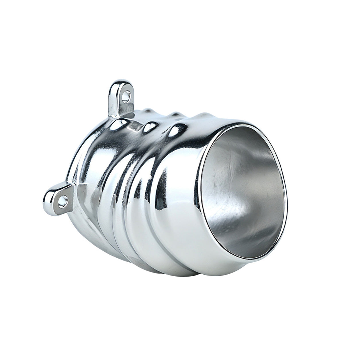 Ventilated Weighted Stainless Steel Chastity Cage with Chain – ventilated metal cage side view