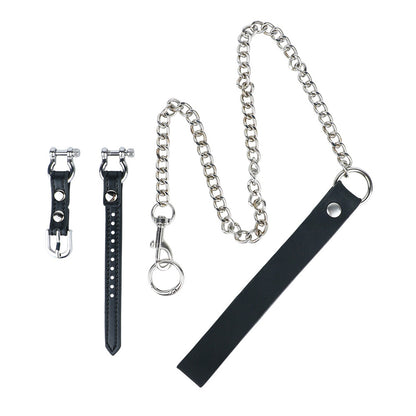 Ventilated Weighted Stainless Steel Chastity Cage with Chain – leather strap and chain components