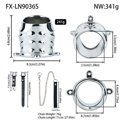 Ventilated Weighted Stainless Steel Chastity Cage with Chain – size S leather strap measurements