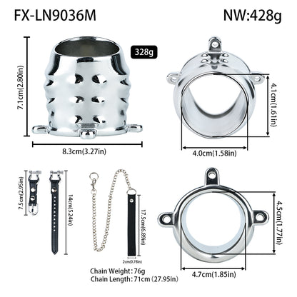 Ventilated Weighted Stainless Steel Chastity Cage with Chain – size M leather strap measurements