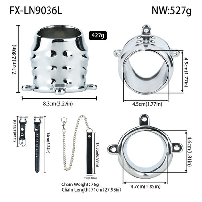 Ventilated Weighted Stainless Steel Chastity Cage with Chain – size L leather strap measurements