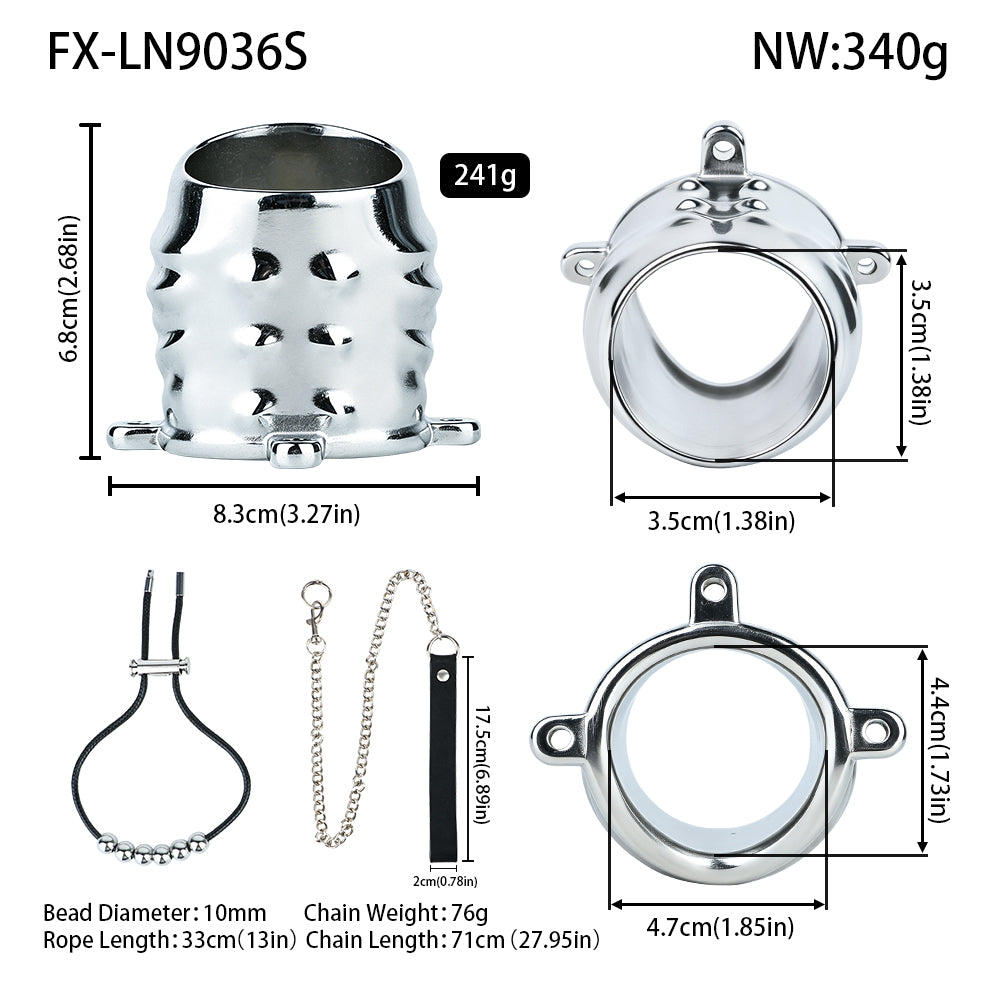 Ventilated Weighted Stainless Steel Chastity Cage with Chain – size S beaded rope measurements