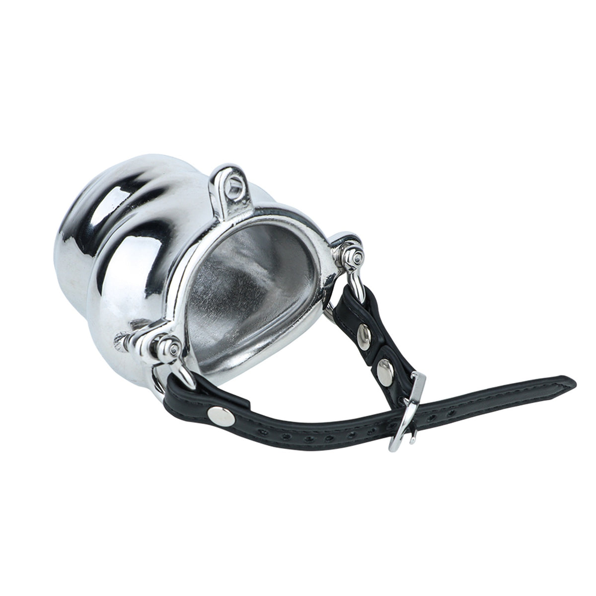 Weighted Stainless Steel Chastity Cage with Chain – leather strap cage front angled view