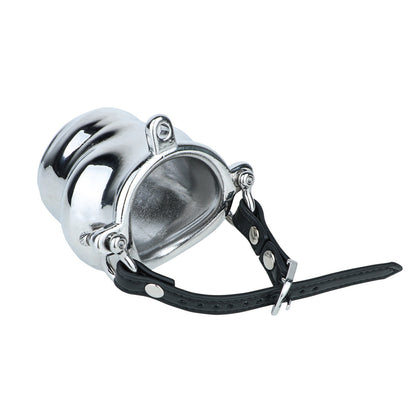 Weighted Stainless Steel Chastity Cage with Chain – leather strap cage front angled view