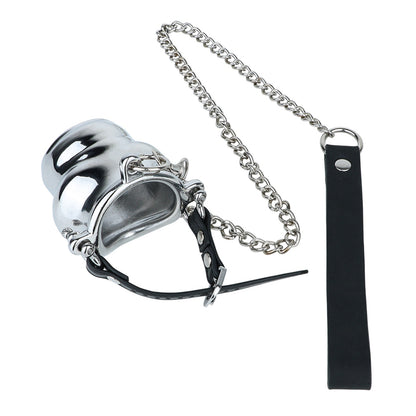 Weighted Stainless Steel Chastity Cage with Chain – leather strap cage with chain