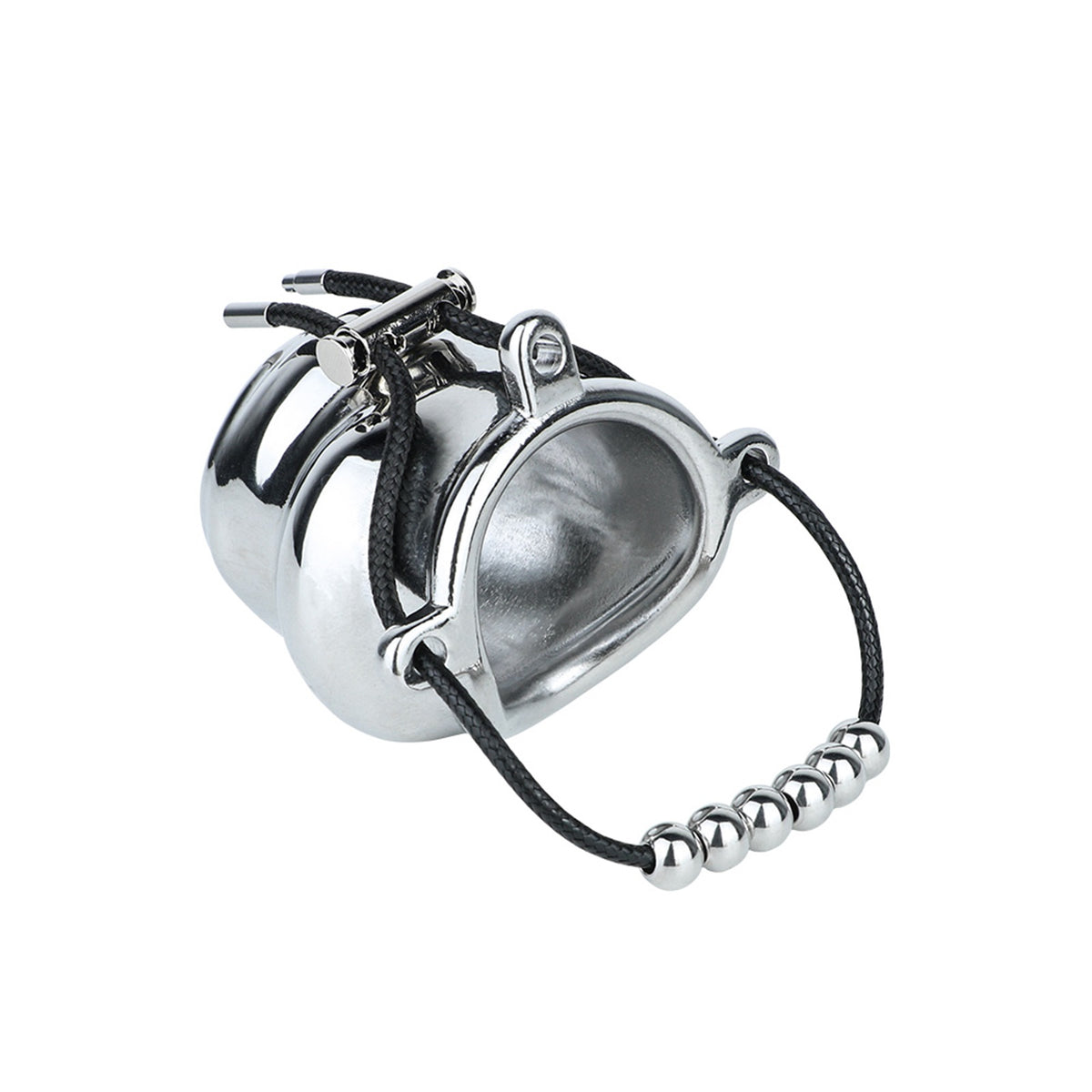 Weighted Stainless Steel Chastity Cage with Chain – beaded rope cage front angled view