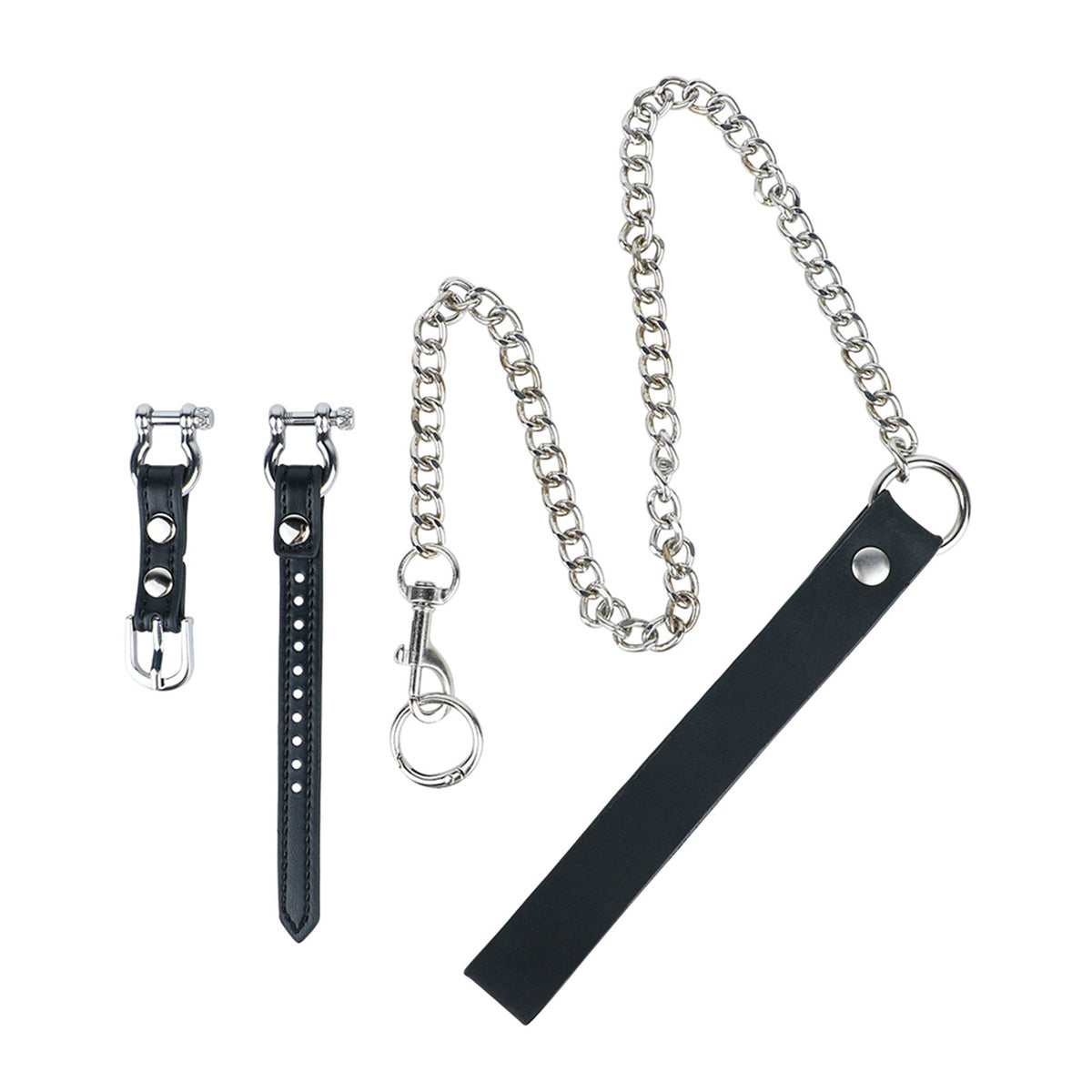 Weighted Stainless Steel Chastity Cage with Chain – leather strap and chain components