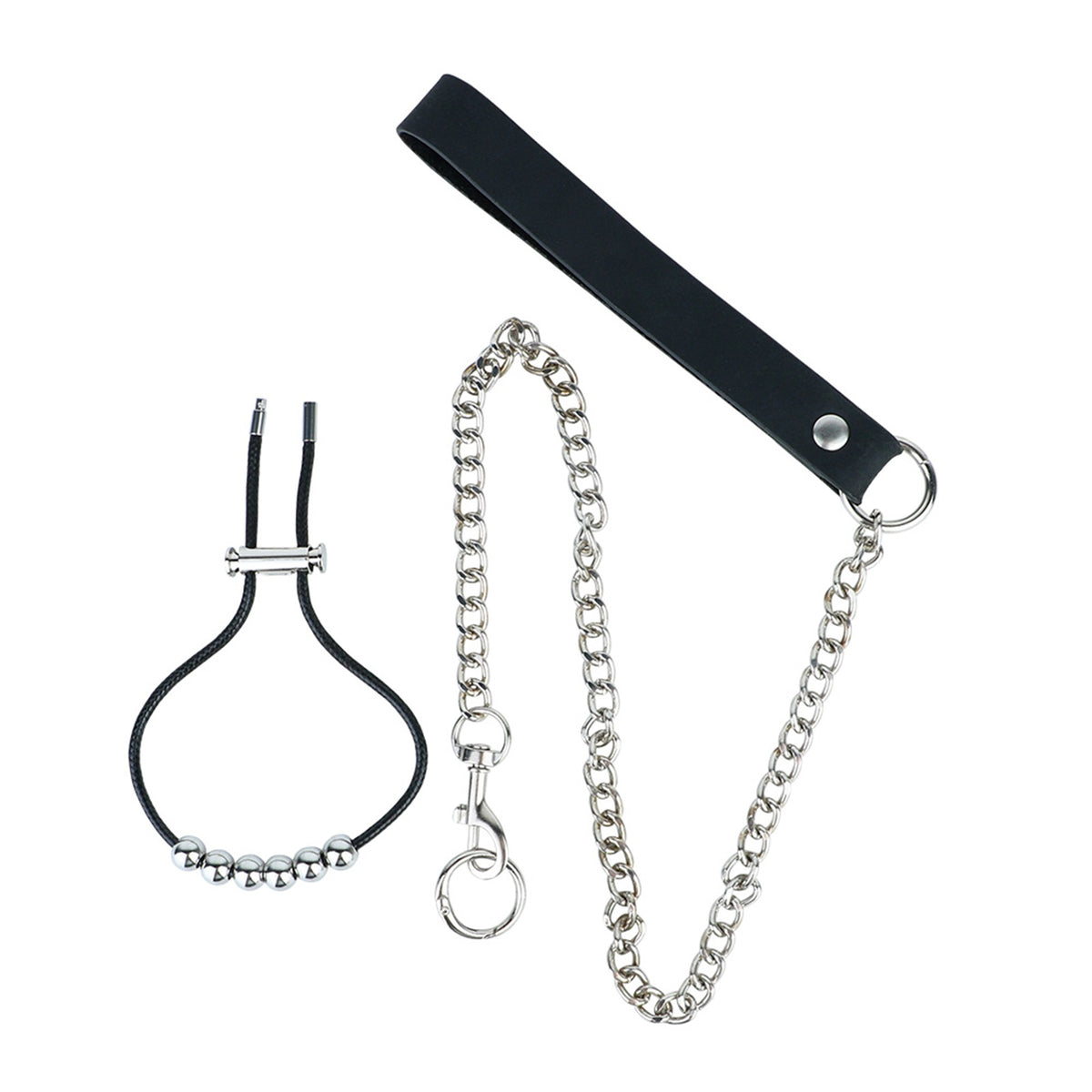 Weighted Stainless Steel Chastity Cage with Chain – beaded rope and chain components