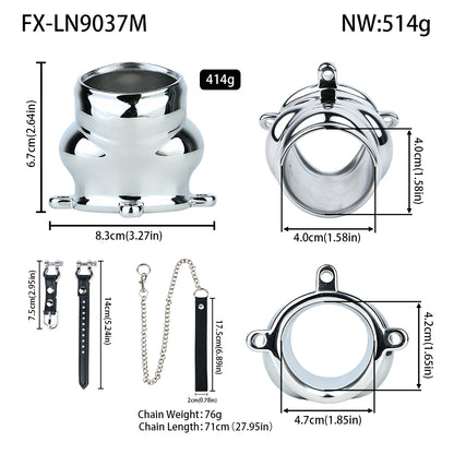 Weighted Stainless Steel Chastity Cage with Chain – size M leather strap measurements