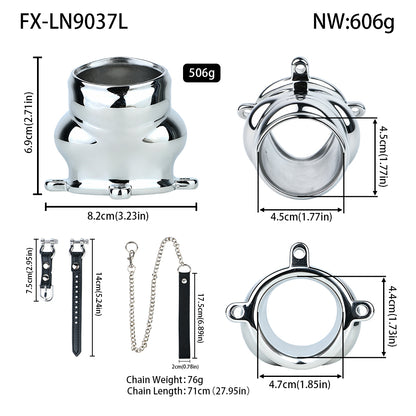 Weighted Stainless Steel Chastity Cage with Chain – size L leather strap measurements
