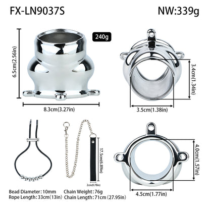 Weighted Stainless Steel Chastity Cage with Chain – size S beaded rope measurements