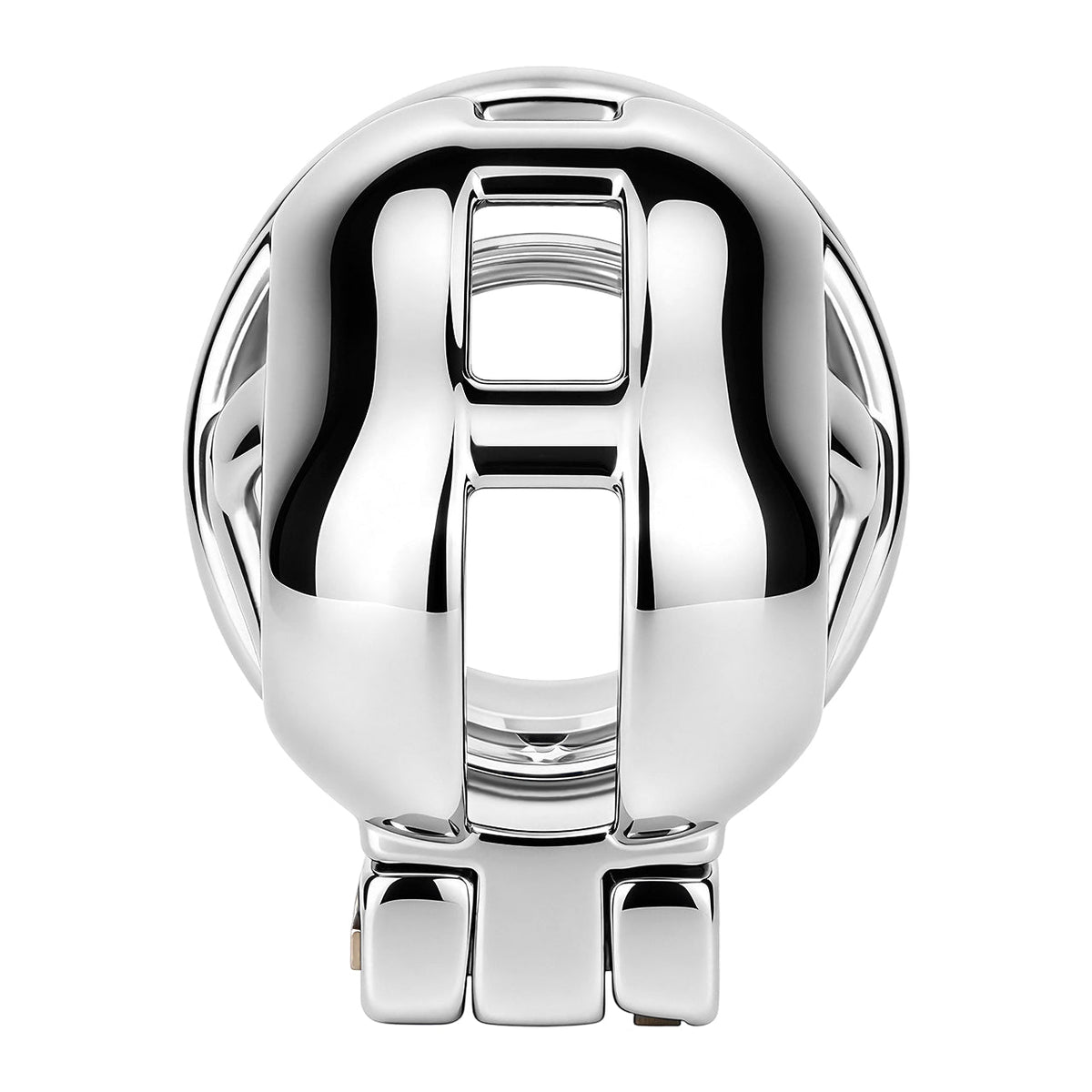 Front view of polished silver Yaokai chastity cage with cutout cage