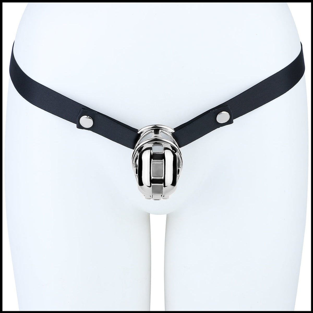 Yaokai chastity cage worn with black waist strap on mannequin