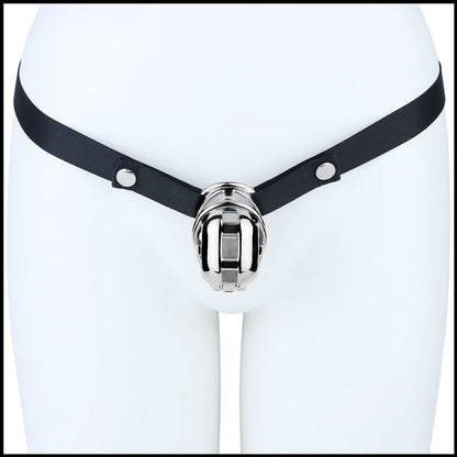 Yaokai chastity cage worn with black waist strap on mannequin