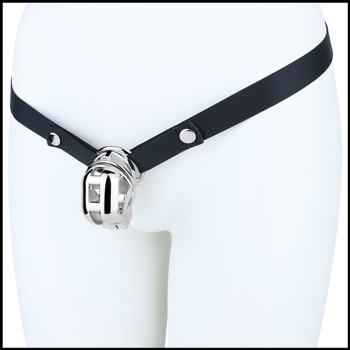 Front mannequin view of Yaokai chastity cage with strap