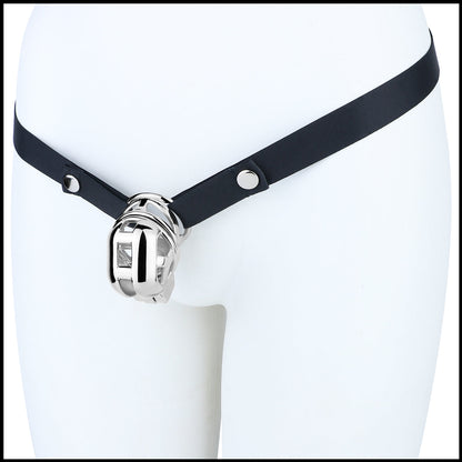 Front mannequin view of Yaokai chastity cage with strap