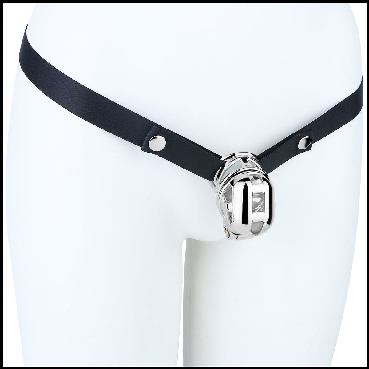 Side mannequin view of Yaokai chastity cage with strap