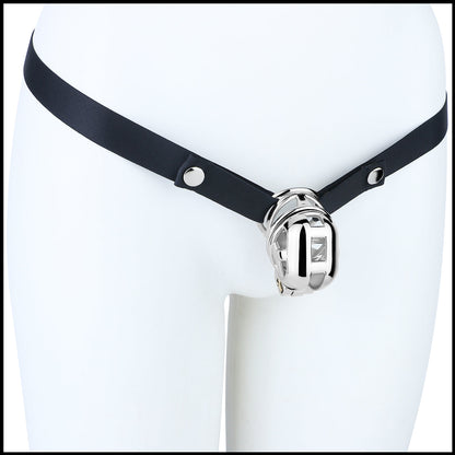 Side mannequin view of Yaokai chastity cage with strap