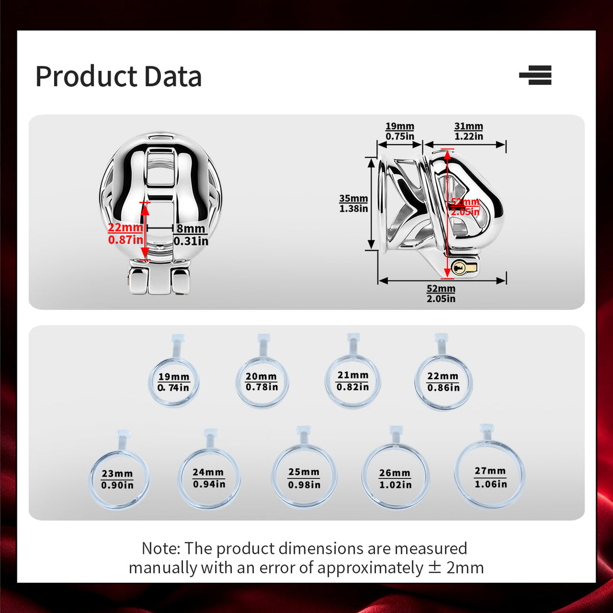 Product data diagram with cage and ring measurements for Yaokai chastity cage